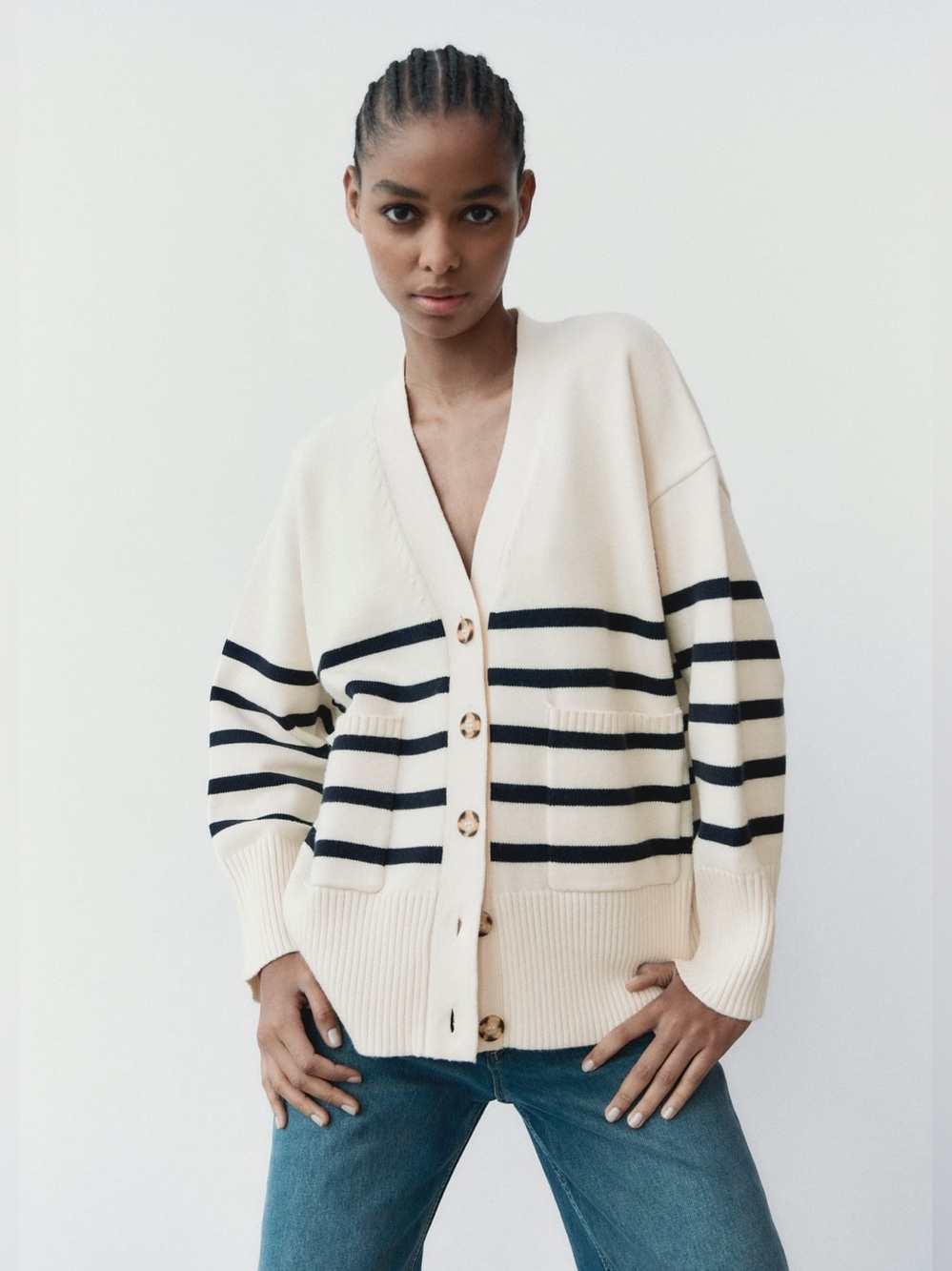 ZARA Cream Striped Button-Front Cardigan Sweater